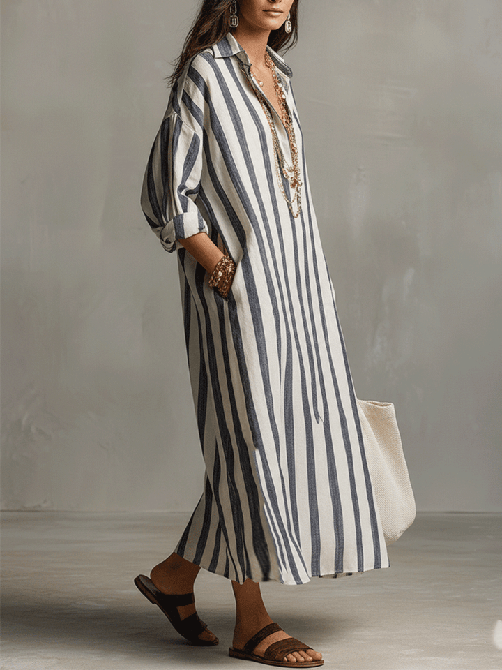 Casual Striped Shirt Bohemian Style Maxi Dress