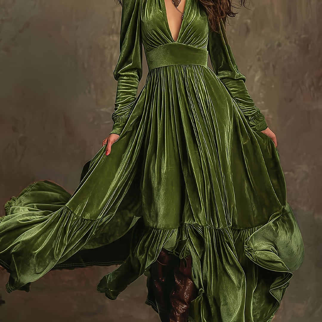 SERAFINA | RETRO OVERSIZED SKIRT LONG DRESS WITH DEEP V-NECK