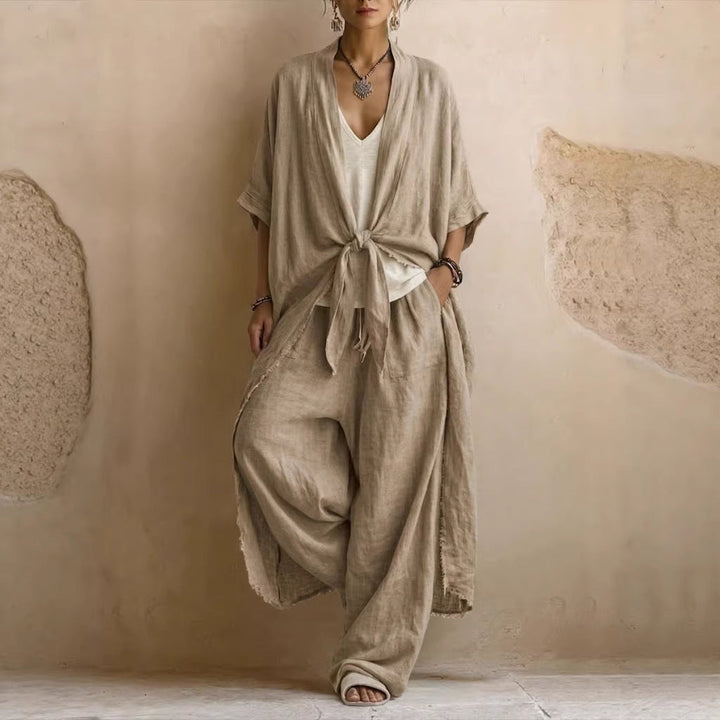 Oversized Linen Kimono &amp; Wide Leg Pants Two-Piece Set