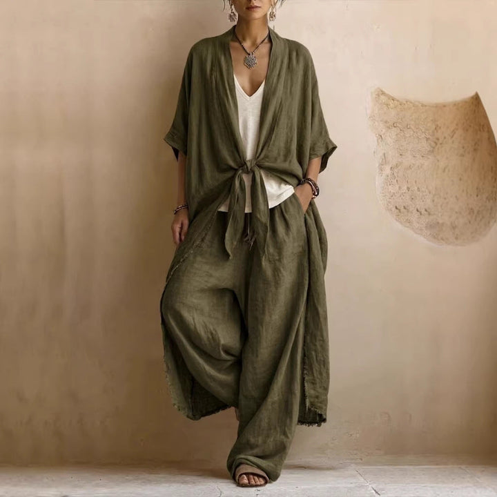 Oversized Linen Kimono &amp; Wide Leg Pants Two-Piece Set