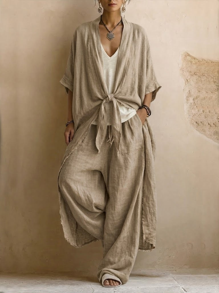 Oversized Linen Kimono &amp; Wide Leg Pants Two-Piece Set