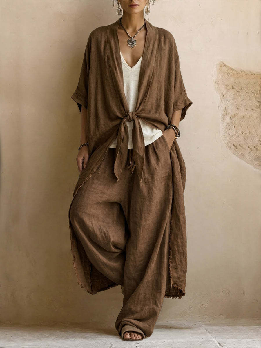Oversized Linen Kimono &amp; Wide Leg Pants Two-Piece Set