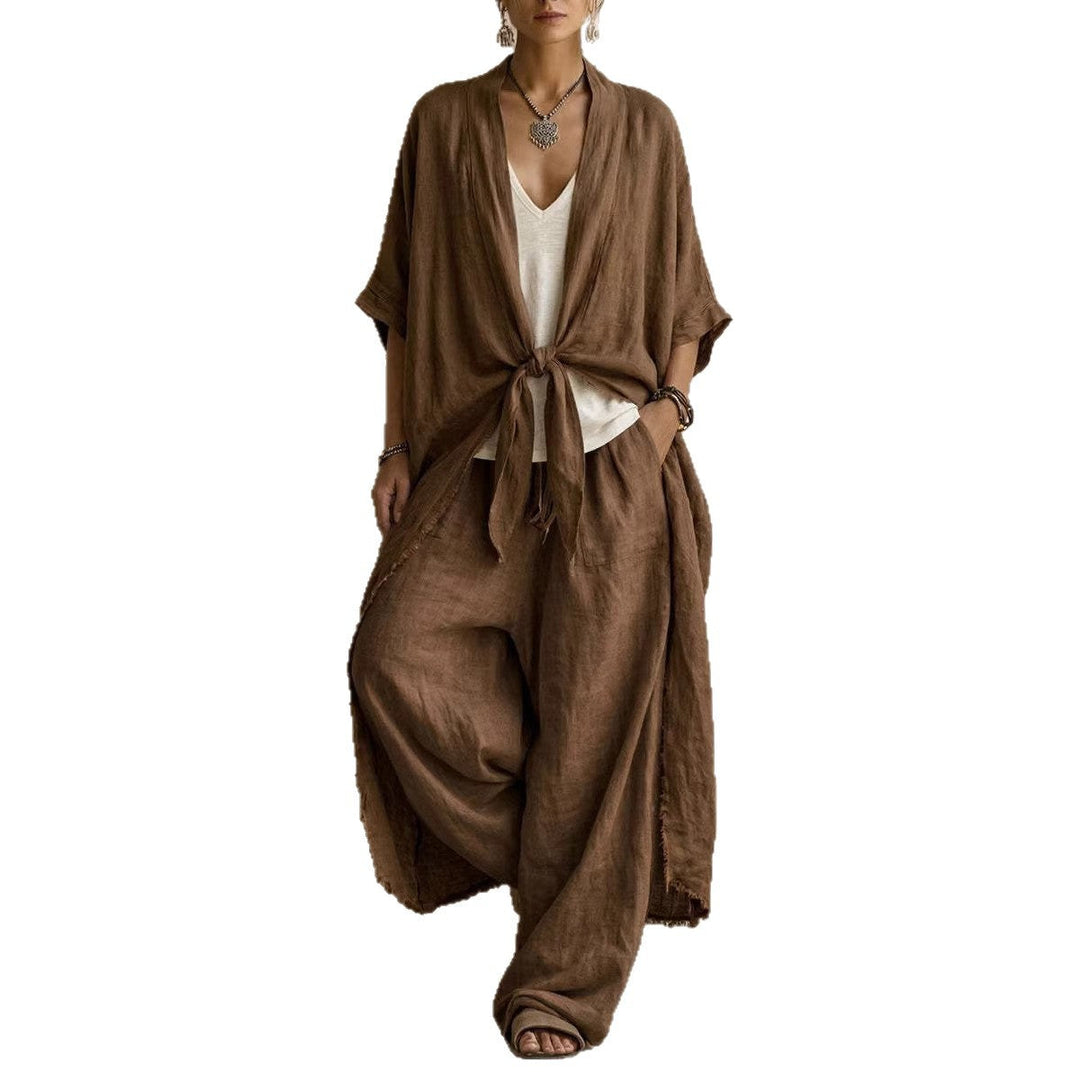 Oversized Linen Kimono &amp; Wide Leg Pants Two-Piece Set