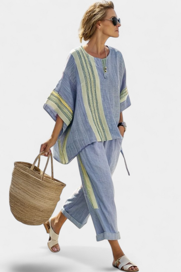 Elowric | Elegant Lavender Top &amp; Mustard Striped Pants