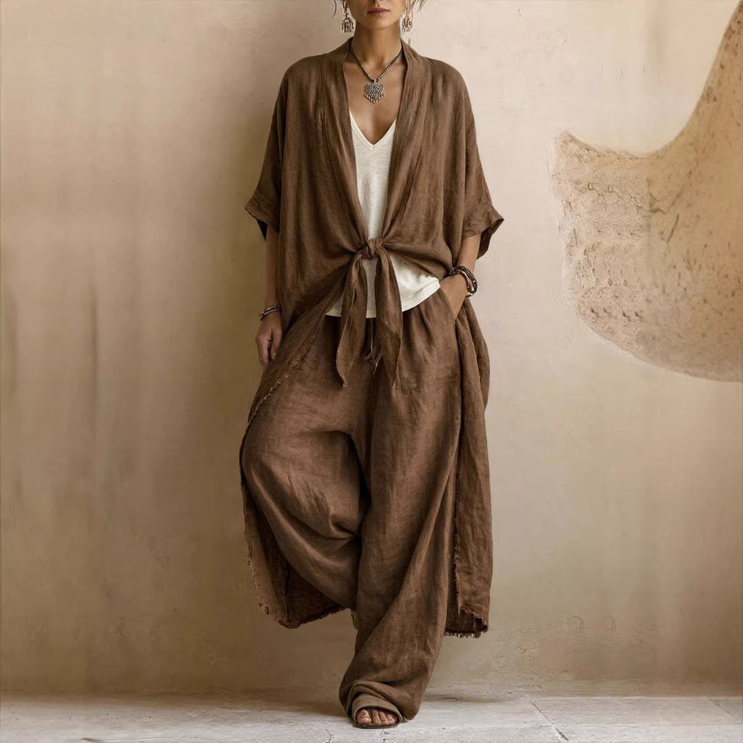 Oversized Linen Kimono &amp; Wide Leg Pants Two-Piece Set