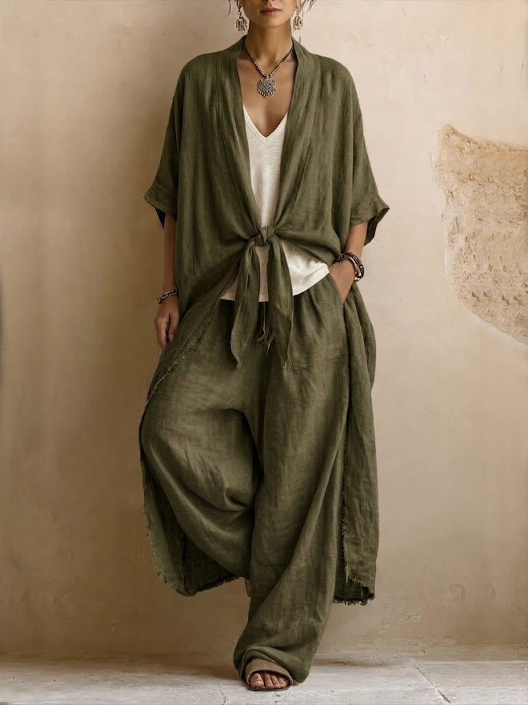Oversized Linen Kimono &amp; Wide Leg Pants Two-Piece Set