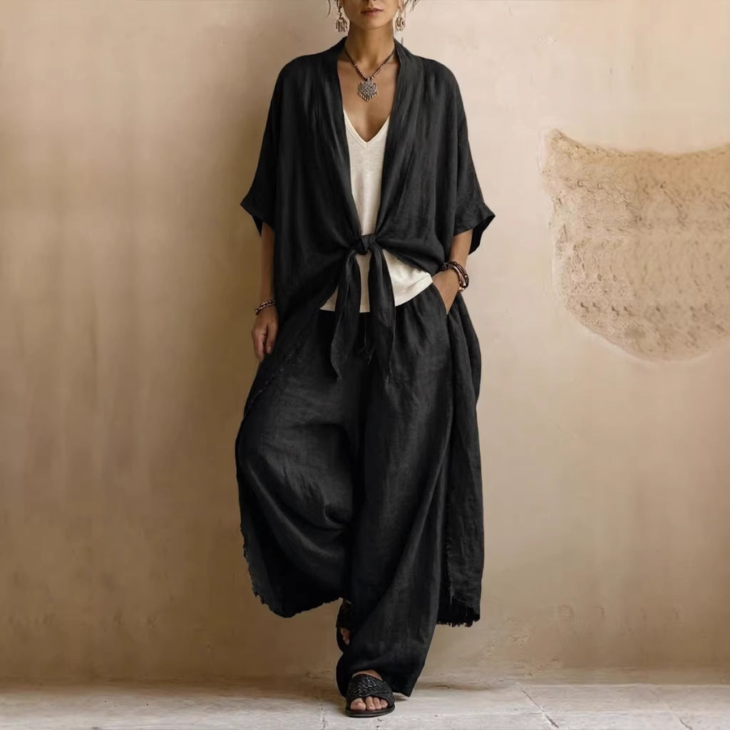 Oversized Linen Kimono &amp; Wide Leg Pants Two-Piece Set