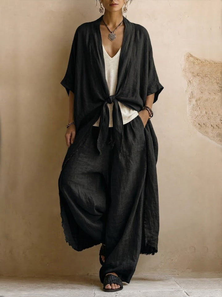 Oversized Linen Kimono &amp; Wide Leg Pants Two-Piece Set