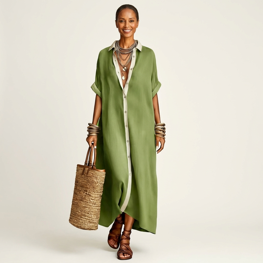 Kamira | Contrast-Collar Button-Front Short-Sleeve Maxi Shirt Dress